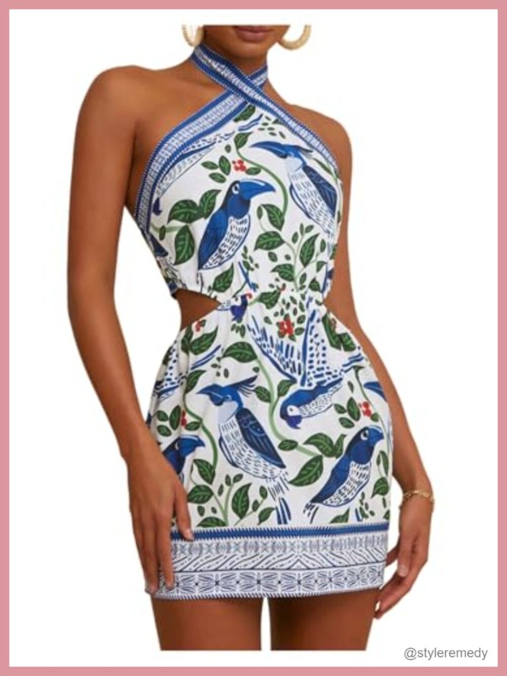 Boho Mini Dress Chiffon Tie Back Halter Sleeveless Tropical Vacation